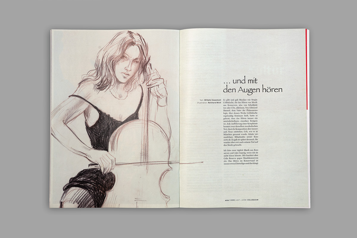 Layout der Innenseiten für die Kunstzeitschrift aviso mit Illustrationen.