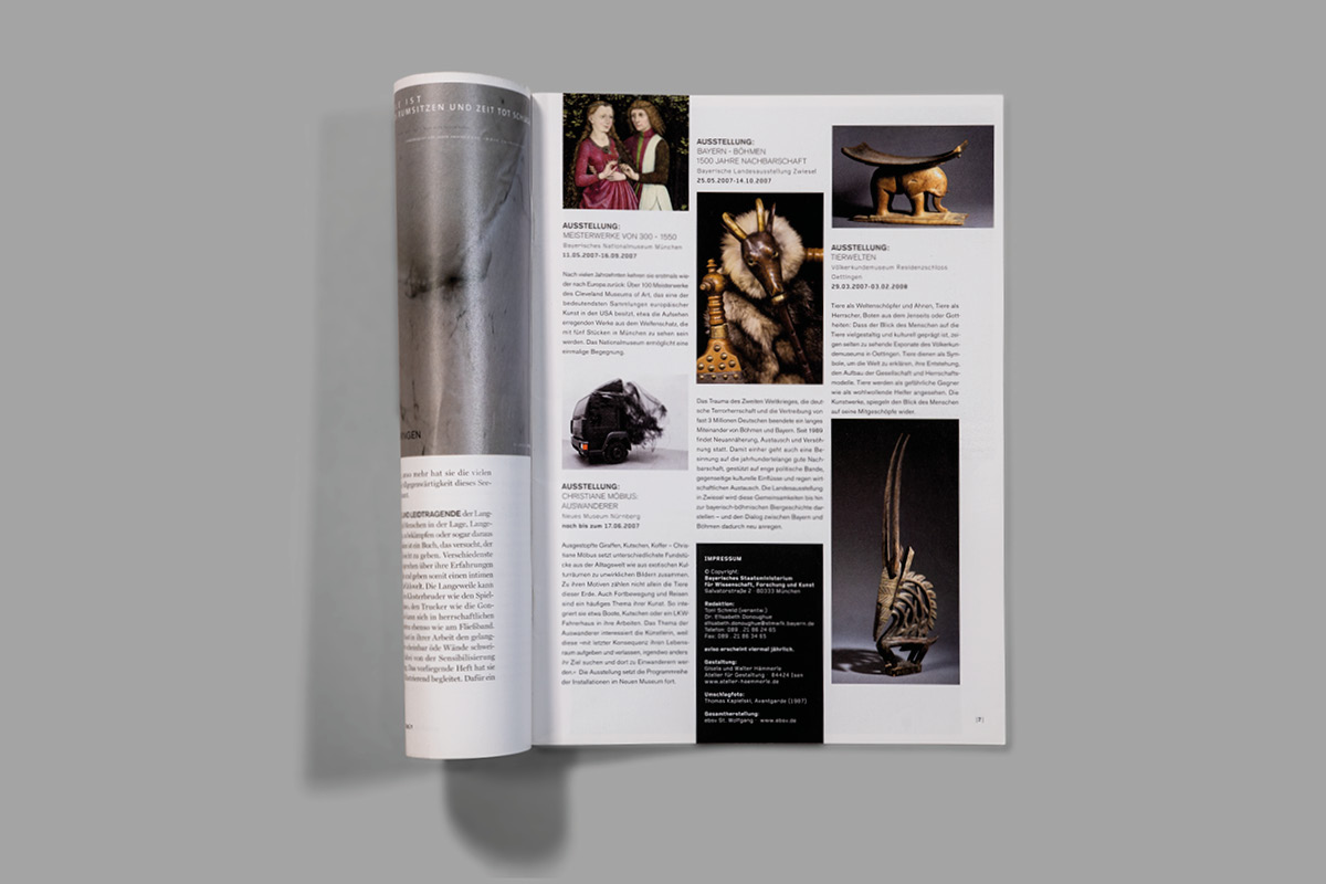 Design der Seite Avisiert in dem Magazin für Wissenschaft und Kunst in Bayern.